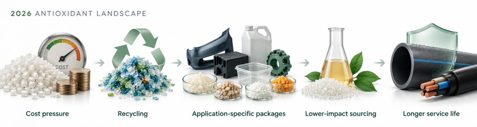 2026 antioxidant landscape: cost pressure → recycling → application-specific packages → lower-impact sourcing → longer service life.