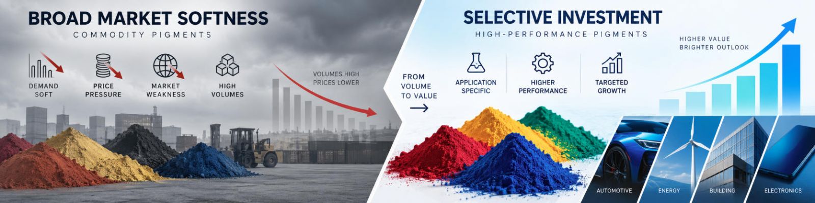 Broad market softness vs selective high-performance pigment investment: commodity volume on one side, HPP/application-specific grades on the other.