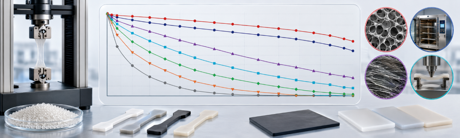 A laboratory performance graph measuring polymer retention of mechanical properties over prolonged accelerated heat-aging intervals, comparing isolated additive outcomes against optimized synergistic blends.