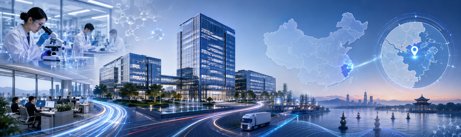 A professional corporate overview graphic representing Hangzhou Sunglow Chemical's integrated R&D facility and office hub located at Orient International Plaza, Xiaoshan, Hangzhou, China.