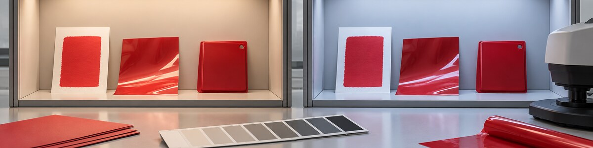 Red material samples compared under warm and cool controlled lighting with color measurement equipment