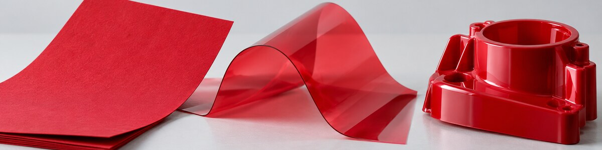 The same red color target presented on paper, transparent polymer film and molded plastic